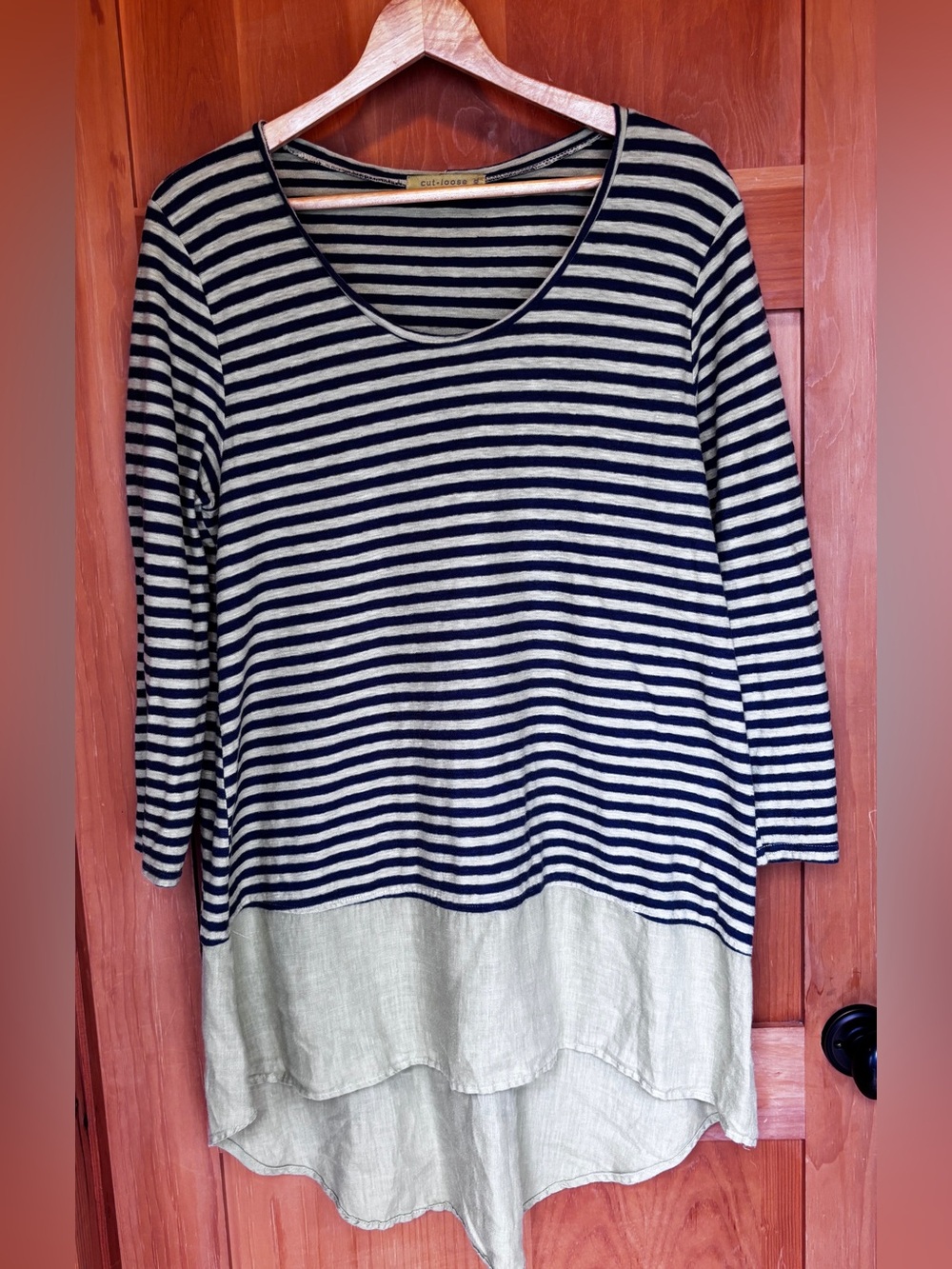 cut loose Dark Grey & Lime Green Striped Cotton/Linen Tunic Top